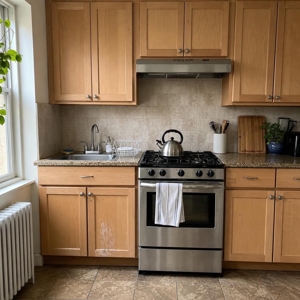 A rental kitchen with wood cabinets and a gas stove