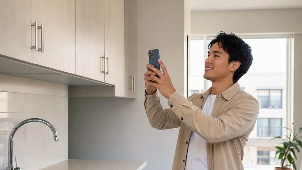 A renter photographing his new kitchen with a phone